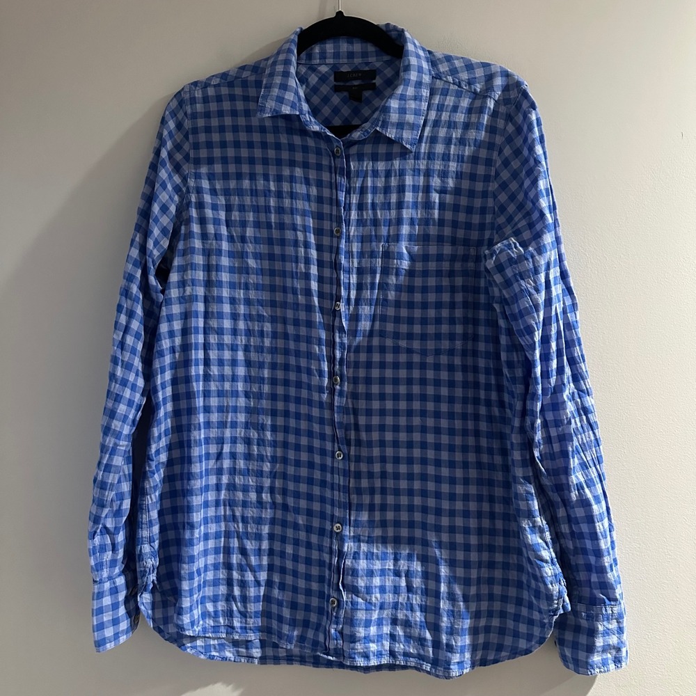 J.Crew Boy Shirt Women 10 Blue Gingham Check Button Down Long Sleeve Excellent‎